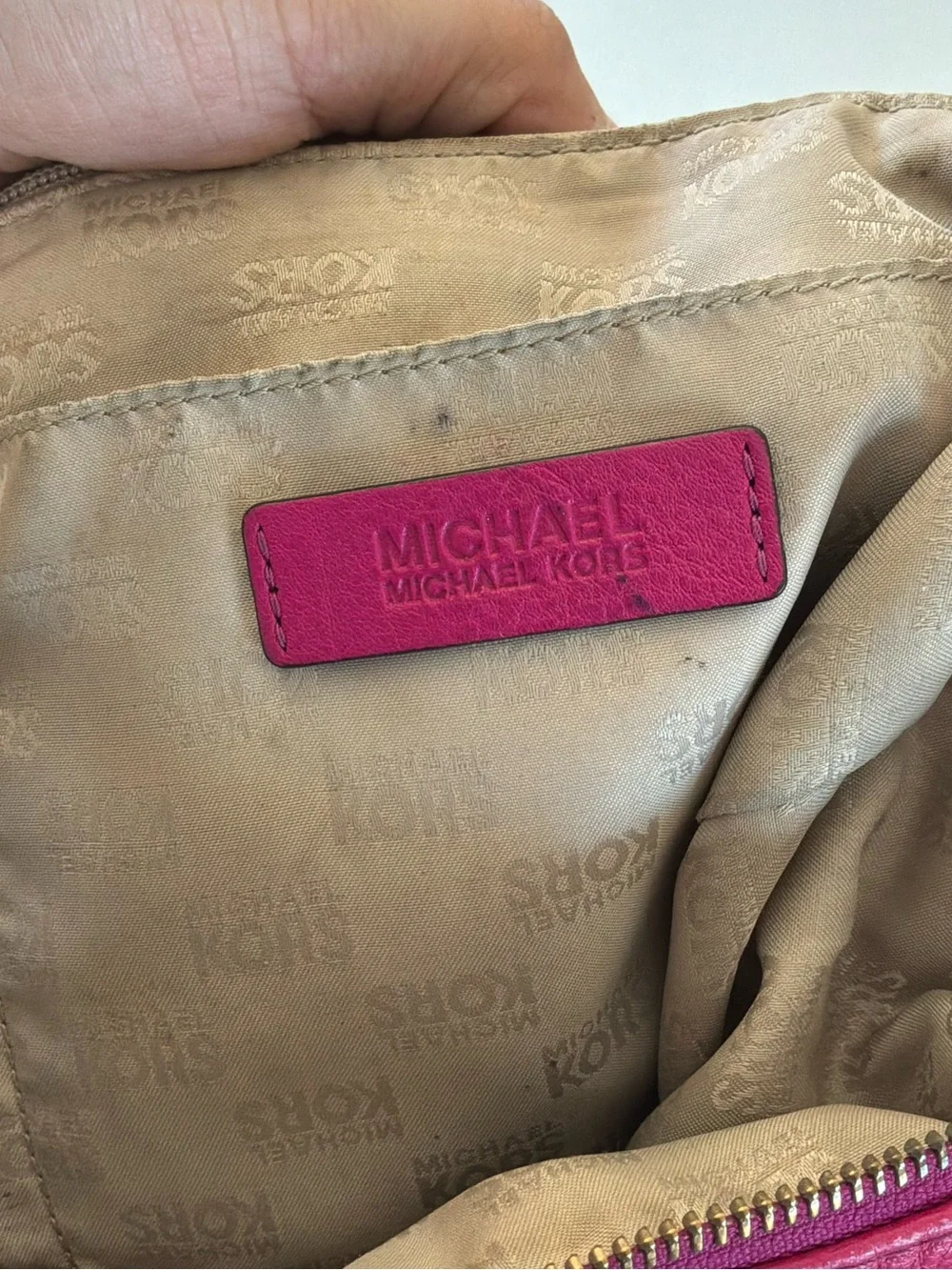 Michael Kors Fulton Large Leather Hobo Shoulder Bag Pink Gold Logo Purse